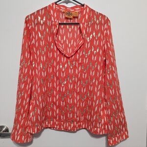 TORY BURCH Coral With Gold Sequins V-Neck Cotton Tunic Top Sheer Women's Size 8